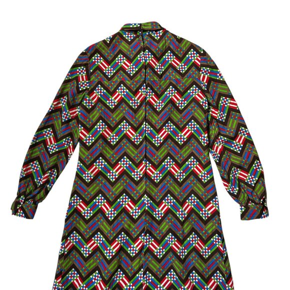 70s vintage wool shift dress midi shirt geometric pattern abstract print tie. - Picture 6 of 13